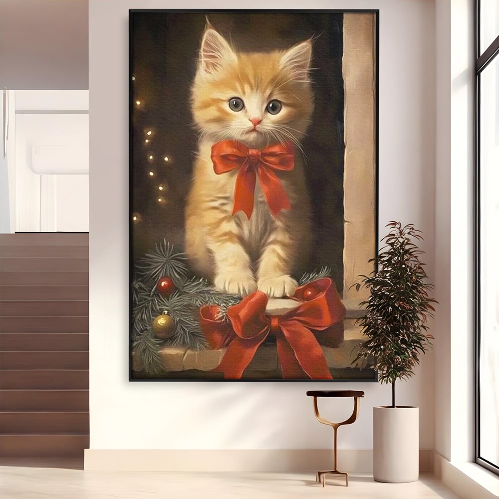 Tablou canvas cu tablou canvas cu pisoi si funda rosie, in rama de aluminiu negru